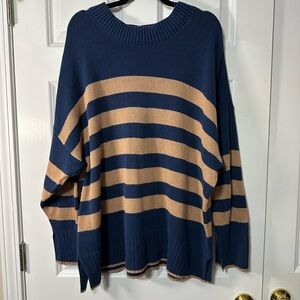 Sonoma Navy and Tan Striped Crew Neck Sweater